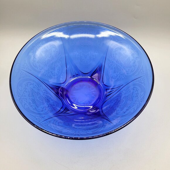1930s Royal Lace Hazel Atlas Cobalt Blue Salad Bowl Three Toed Depression Era - Picture 2 of 7